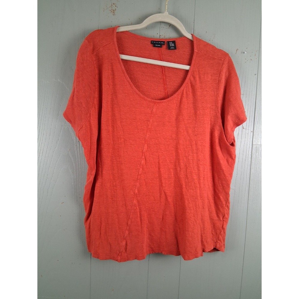 Tahari Linen Breezy‎ Shirt Womens 2X Orange Flowy Scoop Neck Airy Cruise Resort